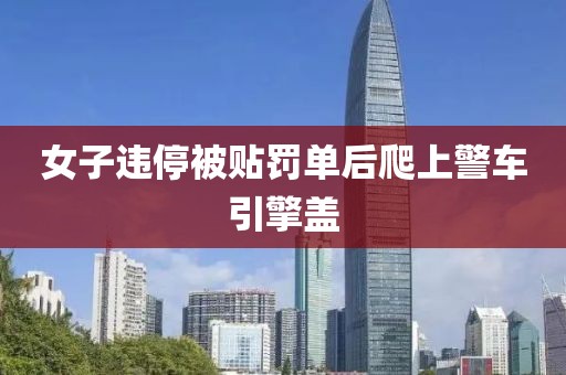 女子违停被贴罚单后爬上警车引擎盖